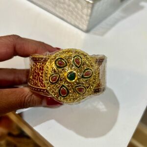 Elegant Indian Kada Cuff Bracelet with Gold and Red Stones